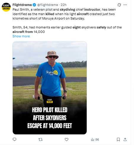 54歲資深跳傘教練保羅‧史密斯完成跳傘任務後不幸遇難，業界深感哀痛。（圖／翻攝自X，@flightdramai ）