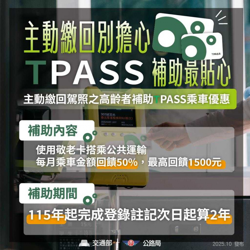 交通部公路局9月公布駕照管理改革措施，在高齡換照部分，除了明年起換照年齡提前為70歲外，為鼓勵70歲以上長輩主動繳回駕照，加碼提供TPASS公共運輸乘車優惠。（圖／翻攝自交通部臉書）