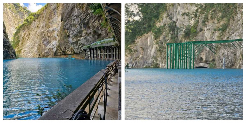 立霧溪因邊坡崩塌形成堰塞湖，湖水已淹至與台8線道路齊高，景觀與平日大異其趣。（圖／太魯閣國家公園管理處提供）