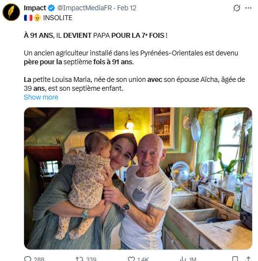 91歲的皮耶薩布萊與39歲妻子迎來第7名子女。(圖/翻攝自X,@ImpactMediaFR)