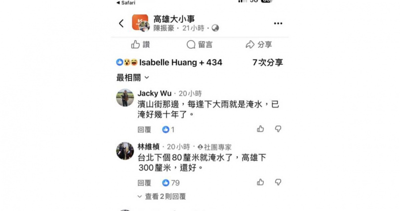 高雄在地社群討論豪雨災情,有網友以不同地區降雨情況比較,針對高雄治水及積淹水狀況發表看法。(圖/翻攝自臉書)