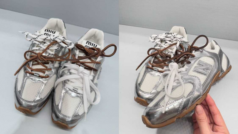 New Balance X Miu Miu 530 SL金屬色皮革和網眼運動鞋／39,000元。（圖／記者拍攝）