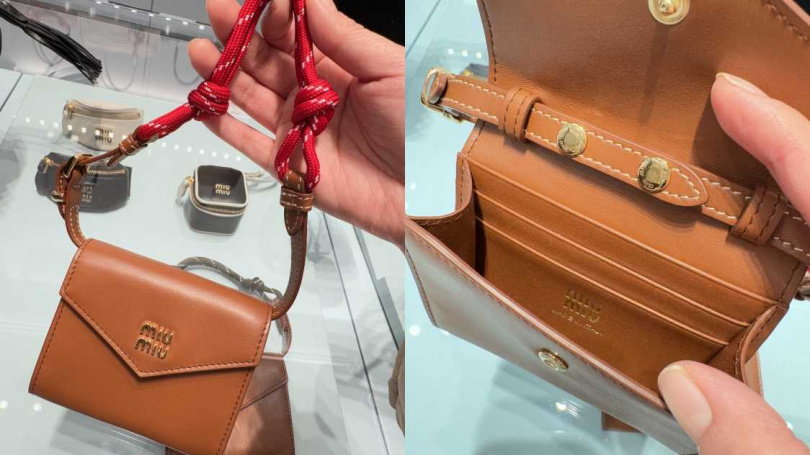Miu Miu焦糖色皮革肩背銀包／26,000元。（圖／記者拍攝）