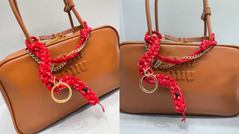 Miu Miu焦糖色Beau皮革手袋／115,000元，繩索蛇形飾物／21,500元。（圖／記者拍攝）