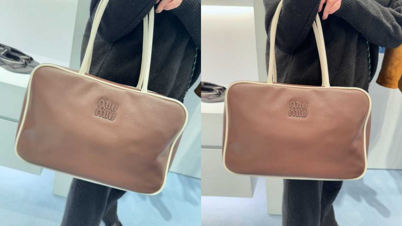 Miu Miu 咖啡色Beau皮革肩背包／未定價。（圖／記者拍攝）