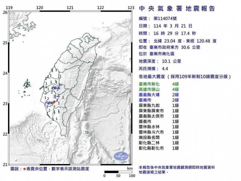 台南市21日下午4時29分發生芮氏規模4.4地震，尚未傳出災情。（圖／台南市消防局提供）