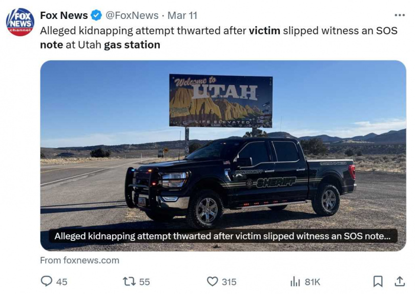 猶他州一名女子在加油站上廁所時,突然收到一名陌生女子塞給她紙條,對方表示自己遭到威脅,希望她能夠幫忙報警。(圖/翻攝自X)