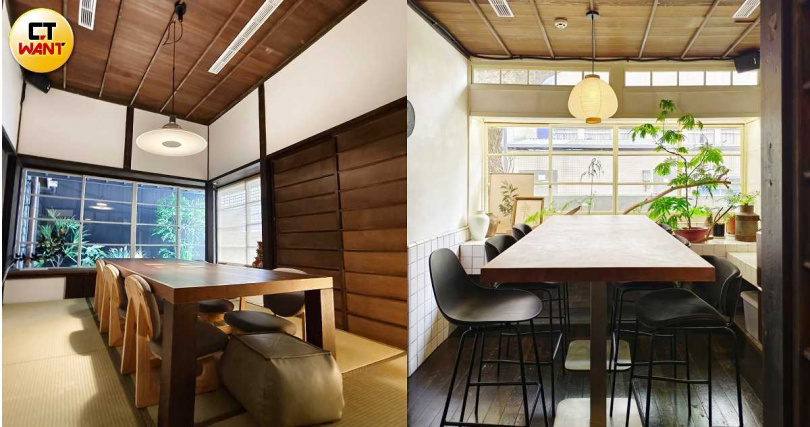 戴炎輝夫婦原本的主臥室現改為榻榻米包廂（左），廚房空間成為採光良好的高腳椅座位區。（圖／魏妤靜攝）