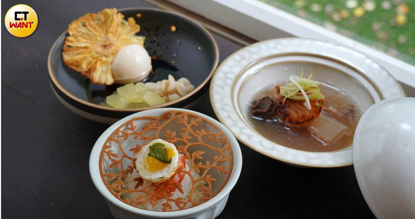 晚間套餐湯品「富貴有餘」（右）、主食「月見光明」（左）、甜點「步步高昇」。（圖／魏妤靜攝）