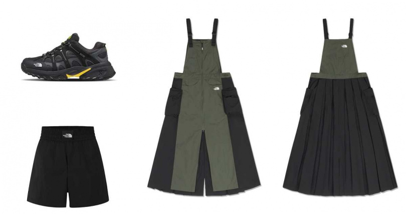 (北面101門市搶先獨賣款)北面UE女款灰橄欖綠黑色吊帶長洋裝／8,380元，北面女款黑色短褲／2,380元，The North Face Hedgehog 刺猬防水徒步鞋／6,880元（圖／品牌提供）