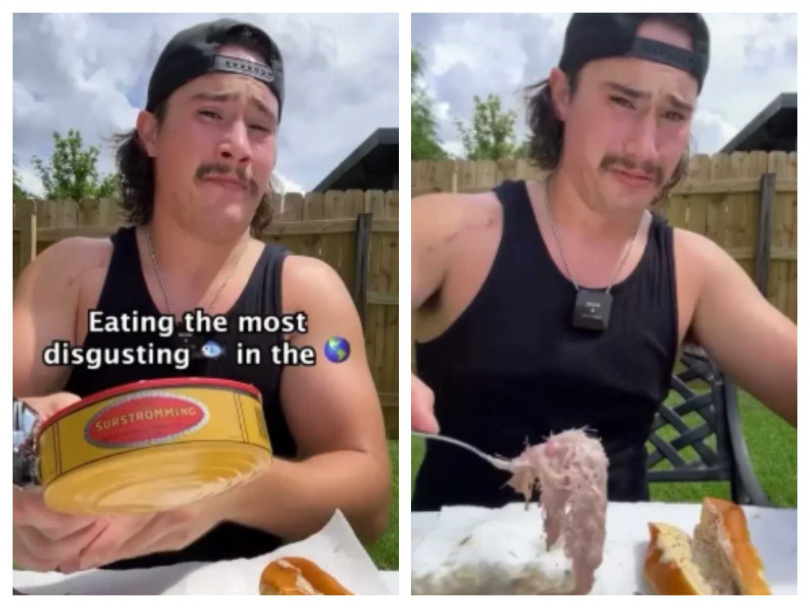 艾林斯沃斯將鹽醃鯡魚夾入奶油漢堡麵包中試圖掩蓋氣味，卻仍在第一口就當場嘔吐。（圖／擷取自IG，@james_ellingsworth）