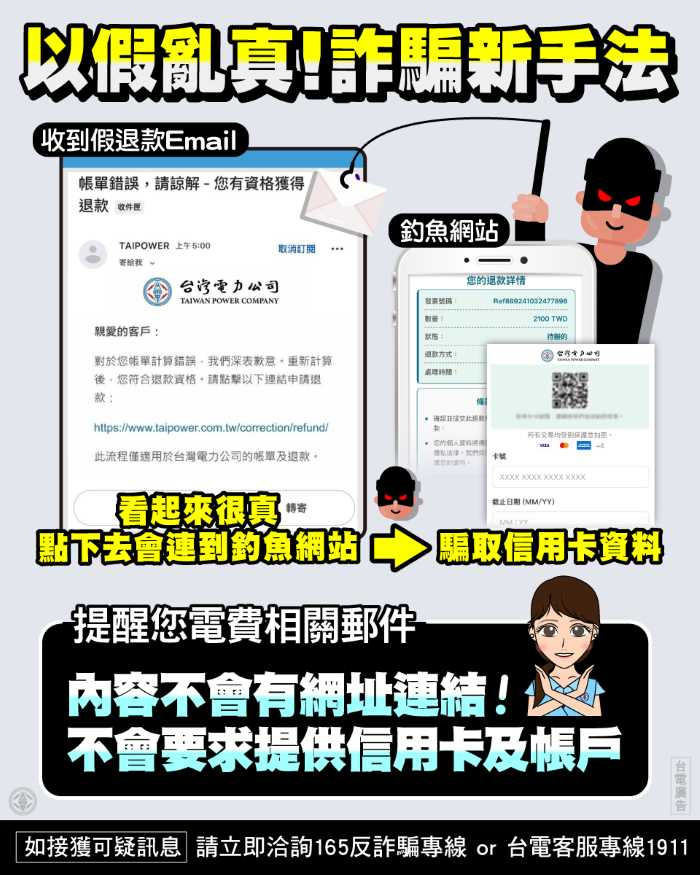 近日有不法份子假冒台電名義，發送「帳單錯誤、退款通知、立即申請退款」的電子郵件，將整封郵件設計成一張圖片，透過圖片中的台電網址取信民眾，一旦點擊即導向惡意詐騙網站，進而騙取民眾個人資訊，台電呼籲民眾提高警覺，以免受騙。（圖片提供／台電）
