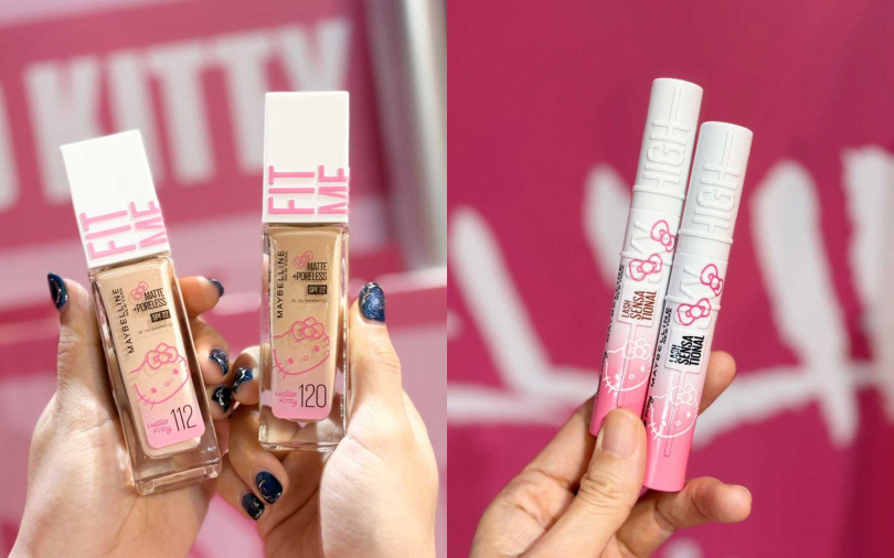 媚比琳熱賣的控油粉底、睫毛膏通通穿上了超萌HELLO KITTY限量外包裝。(圖/吳雅鈴攝)