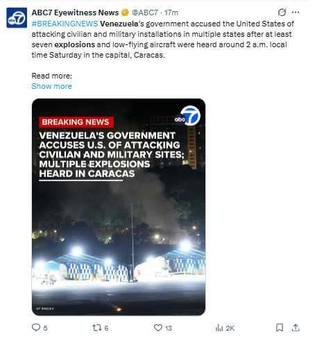 委內瑞拉政府指控美國發動空襲,稱其目的是奪取本國石油與礦產資源。(圖/翻攝自X,@ABC7)