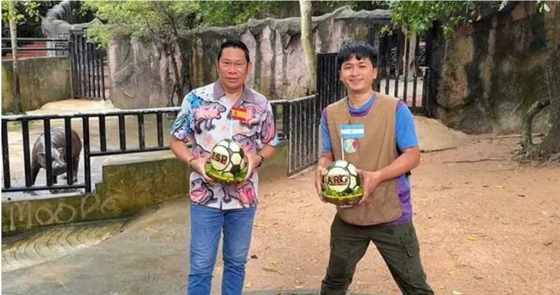 方準備代表阿根廷與西班牙的水果,讓彈跳豬預測世界盃冠軍。