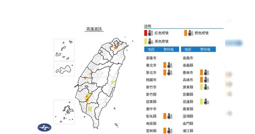 中央氣象署針對台北市、新北市、彰化縣、雲林縣、台南市、高雄市、屏東縣及花蓮縣等8縣市發布高溫警報。（圖／中央氣象署提供）