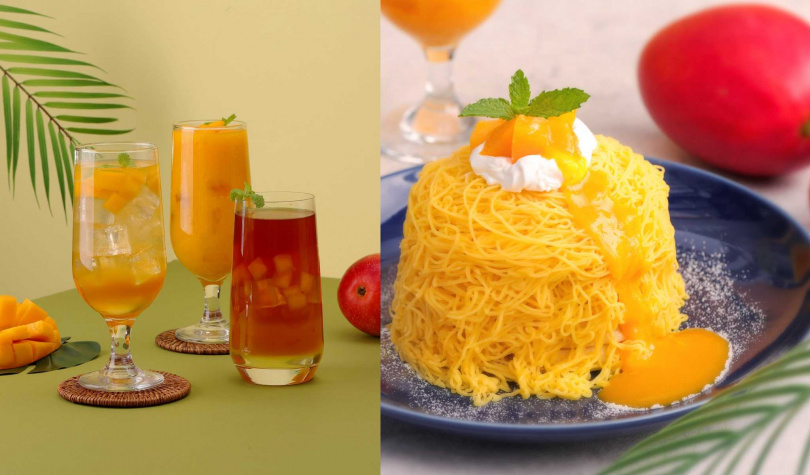 杏桃鬆餅屋桃園大江店預計7月中獨家推出「芒果蒙布朗薄鬆餅」（右），另外該品牌芒果季也推出3款芒果飲品。（圖／杏桃鬆餅屋提供）