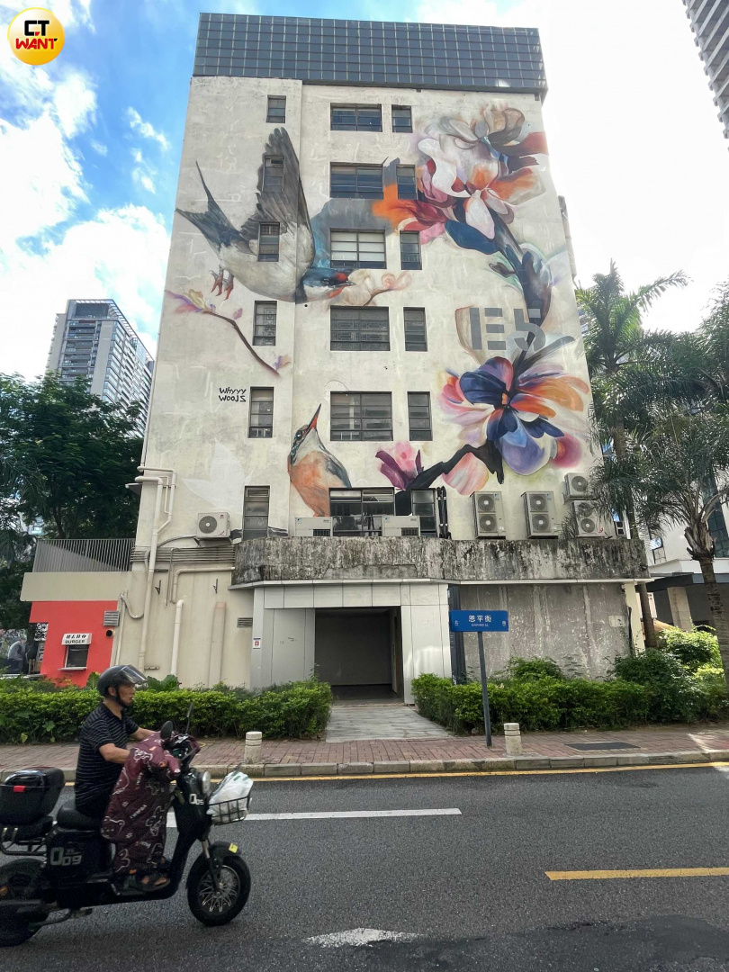 人口平均32.5歲的深圳為中國最年輕的城市，不但滑板文化盛行，還是最早出現塗鴉的城市，今夏在華僑城創意園區剛完成的六層樓高巨型塗鴉，有台灣藝術家的作品。（圖／何曼卿攝）
