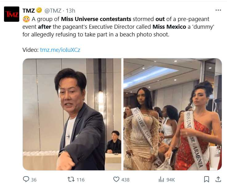 環球小姐組織發表聲明，譴責羞辱行為，並派遣國際團隊接管賽務應對危機。（圖／翻攝自X，@TMZ）