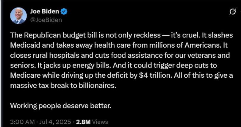 拜登怒批《大而美法案》。（圖／翻攝自X平台／@JoeBiden）