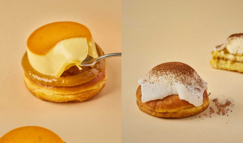 雪系町生ドーナツ新品包括「焦糖布町」（左，90元）及與日本麵包大賽金獎主廚橋爪謙典客座聯名款「提拉米蘇雪福」。（100元，圖／雪系町生ドーナツ提供）