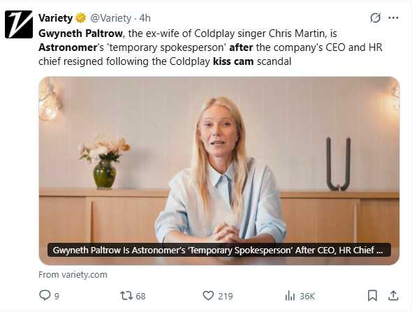 葛妮絲派特洛幽默代言數據公司Astronomer，以影片回應「親吻鏡頭」風波。（圖／翻攝自X）