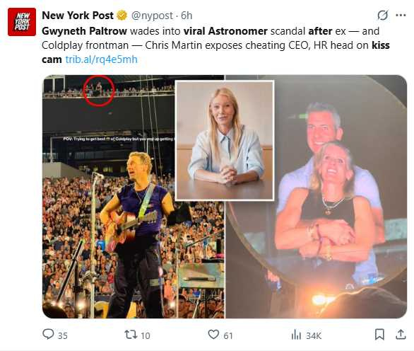 Coldplay演唱會現場「親吻鏡頭」捕捉到的擁抱畫面，掀起網路熱議。（圖／翻攝自X）