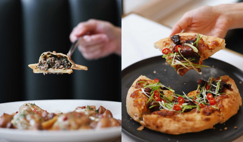 「威靈頓太陽餃」(左,420元+10%)、「滷香三層羅馬蜂巢披薩」。(380元+10%,圖/PASTAIO提供)