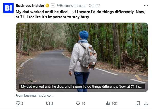 退休後，南西發現生活太過自由反而讓人迷失，於是重新安排每天行程，找回生活的節奏與目標。（圖／翻攝自X，@BusinessInsider）