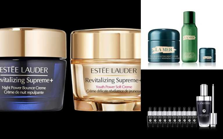 ESTEE LAUDER 日夜年輕膠原精選組 特價6,288元 原價10,480元(6折);LANCOME 小黑瓶發燒組 特價4,650元 原價12,583元(36折);LA MER 晚霜人氣60ml組 特價15,800元 原價19,900元(8折)(圖/業者提供)