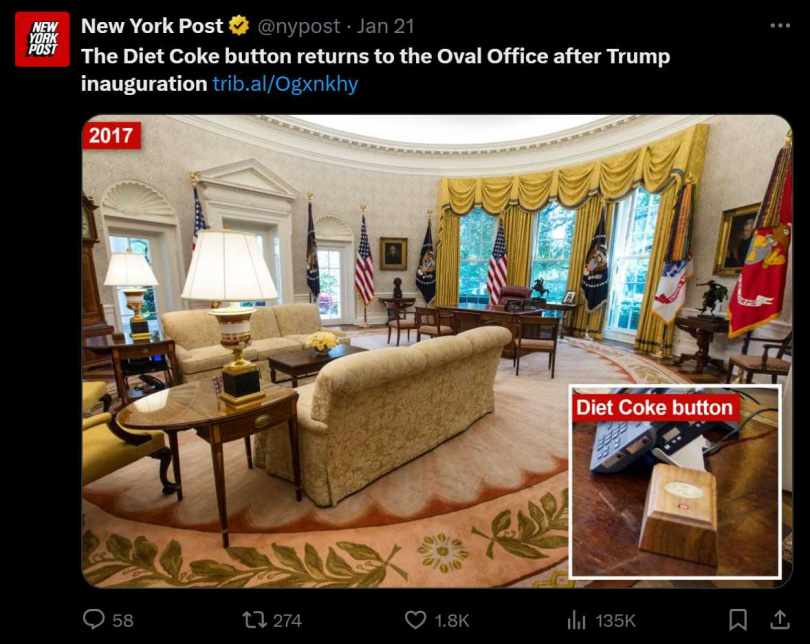 川普重返白宮，裝在木盒的「紅色按鈕」也回歸。（圖／翻攝自X）