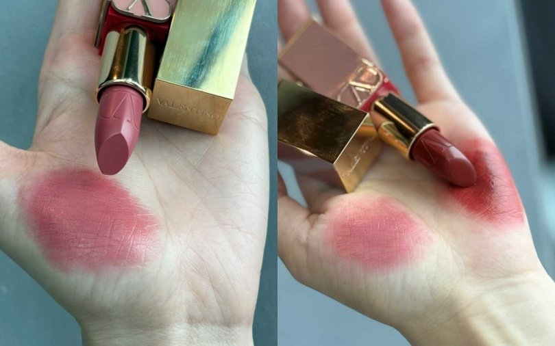 #100R曖昧甜粉跟#142A微醺棕紅的本人實擦,也太美了吧~~~。(圖/吳雅鈴攝)