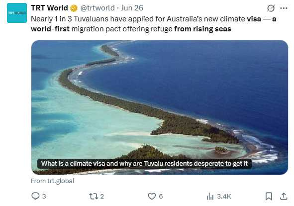 吐瓦魯部分島嶼已被海水吞沒，居民生活環境逐年惡化，遷移壓力日增。（圖／翻攝自X）