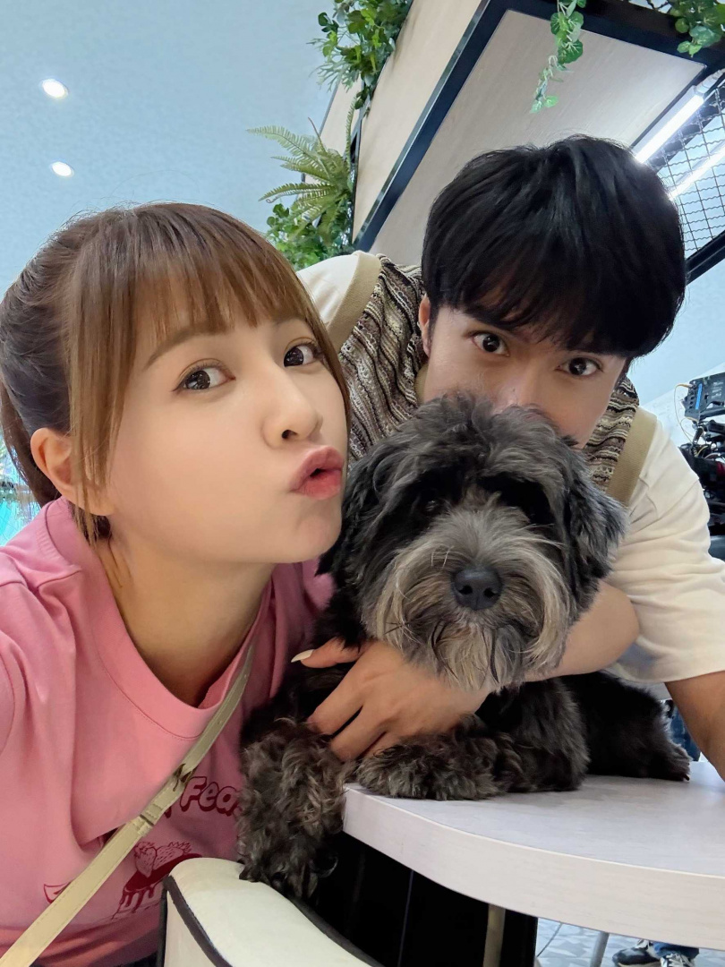 謝京穎拍戲跟狗狗互動,回家後貓咪很不爽。(圖/民視)