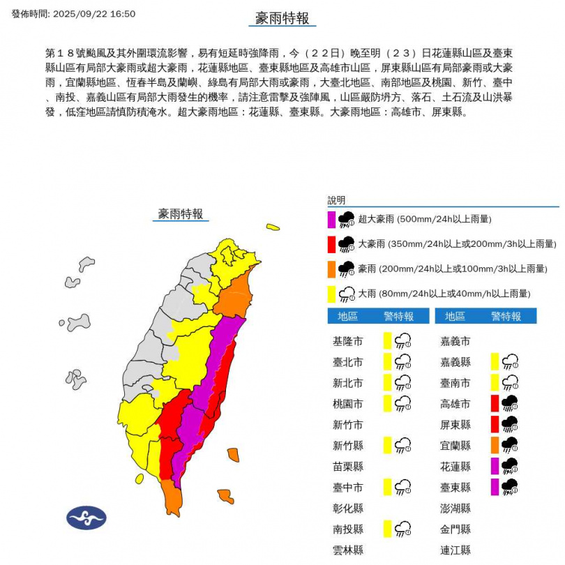 氣象署發布豪大雨特報。（圖／翻攝自中央氣象署）