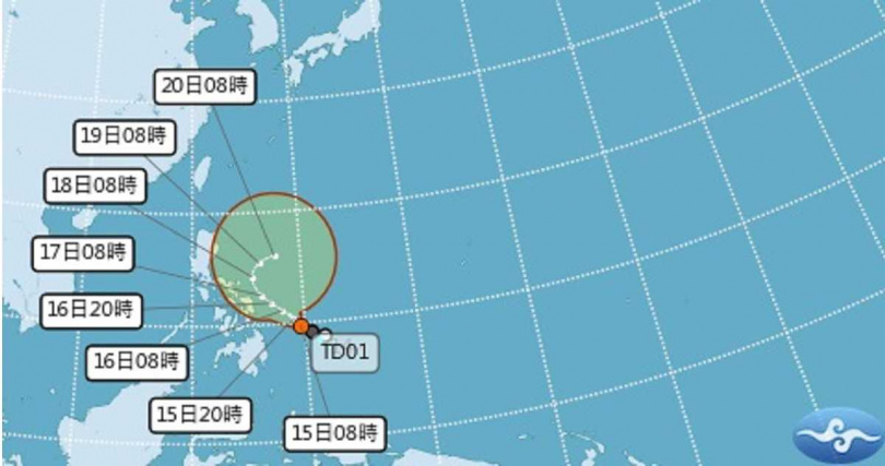 2026年首颱「洛鞍」預估今午後生成，路徑朝西北再轉偏東，對台無直接影響。（圖／中央氣象署）