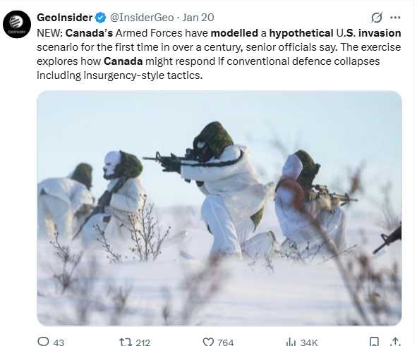 &nbsp; 川普曾公開表示「加拿大應成為美國第51州」，挑釁言論引發加國政治與軍事警覺。（圖／翻攝自X，@InsiderGeo）&nbsp;&nbsp;