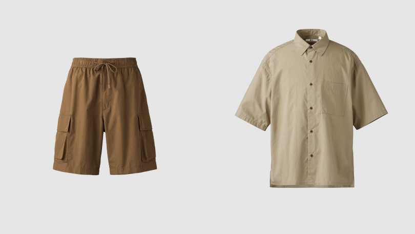 UNIQLO : C 府綢寬版襯衫(短袖)／990元，寬版工裝短褲／990元。（圖／品牌提供）