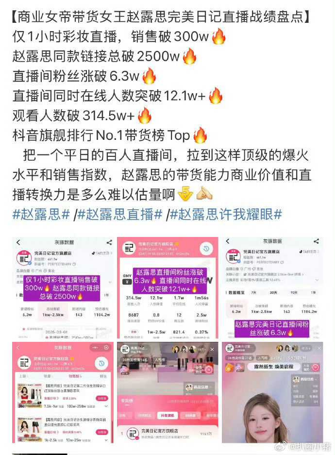 趙露思復出首次直播帶貨，在1個小時內就突破人民幣300萬元（約台幣1350萬元）銷售額。（圖／翻攝自微博）