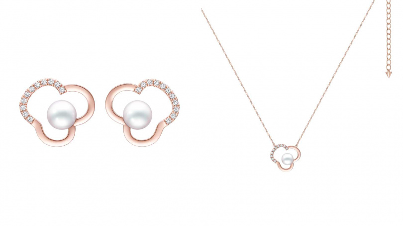 TASAKI chants_18K櫻花金鑲鑽&阿古屋珍珠項鍊／114,000元，18K櫻花金鑲鑽&阿古屋珍珠耳環／175,000元（圖／品牌提供）
