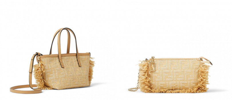 FENDI 拉菲草編織鏈帶錢包/49,200元,拉菲草抽鬚造型FF LOGO 購物包(mini) 建議售價/55,200元(圖/品牌提供)