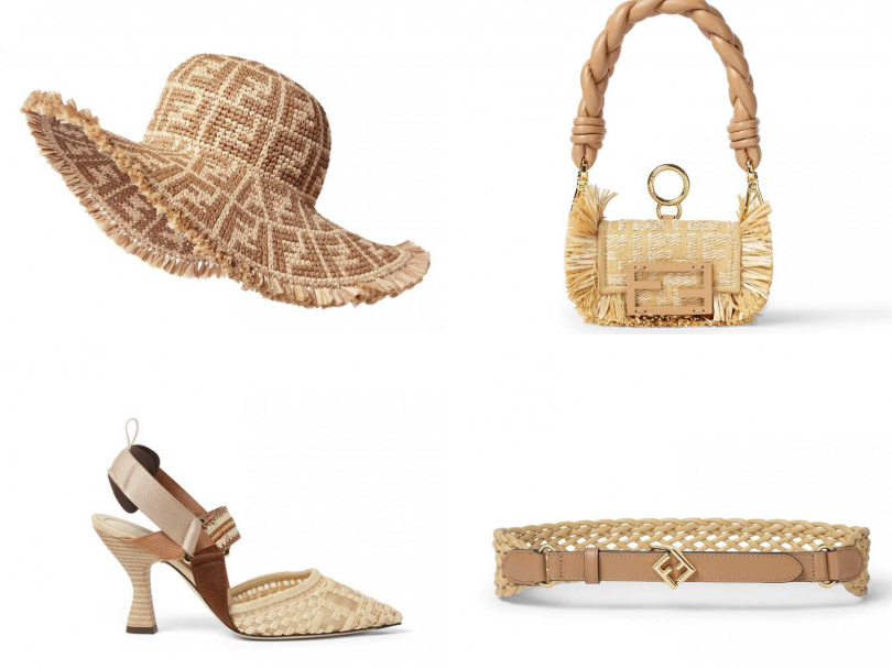 FENDI FF LOGO 草帽/32,000元,Nano Baguette配飾/36,200元,Colibrì跟鞋/39,800元,編織腰帶/21,400元(圖/品牌提供)