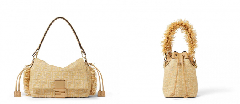 FENDI 拉菲草編織抽鬚造型Mamma Baguette(中)/106,500元,拉菲草抽鬚造型提把 FF LOGO水桶包/63,200元(圖/品牌提供)