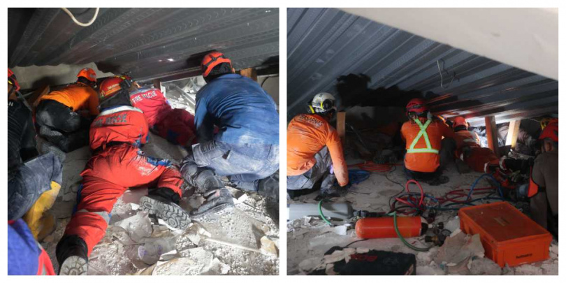 搜救隊將氧氣瓶與飲水送入瓦礫堆，盡力維持倖存者生命。