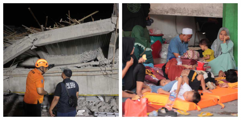 家屬焦急守候校區外，布告欄上列出65名失蹤學生姓名。