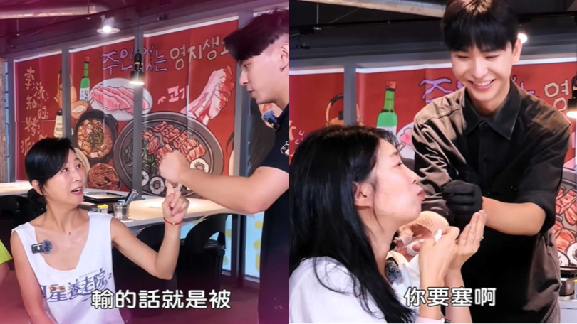 胡瓜安排鮮肉桌邊服務，與方文琳（左）、黃嘉千互動。（圖／翻攝自下面一位YouTube）