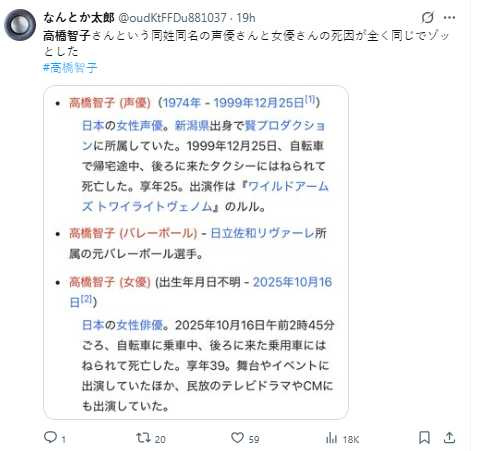 1999年亦有一位同名聲優高橋智子騎腳踏車遭車撞身亡,得年25歲,兩起事故相隔26年,巧合引發社會關注。(圖翻攝自X,@oudKtFFDu881037)