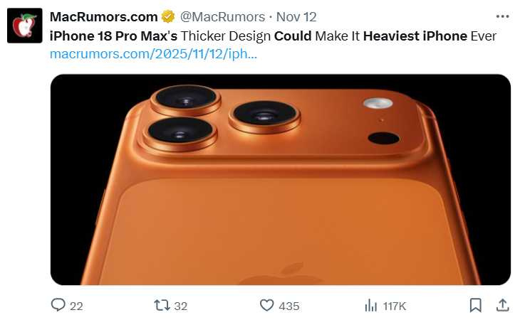 為提升續航與散熱，外媒推測iPhone 18 Pro Max可能配置更大電池與金屬散熱板，導致機身重量與厚度同步上升。（圖／翻攝自X，@MacRumors）
