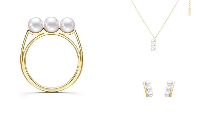 TASAKI balance light 阿古屋珍珠 & 18K黃金戒指/52,500元、TASAKI balance plus neo 阿古屋珍珠 & 18K黃金項鍊/75,000元、TASAKI balance neo 阿古屋珍珠 & 18K黃金耳環/93,900元(圖/品牌提供)