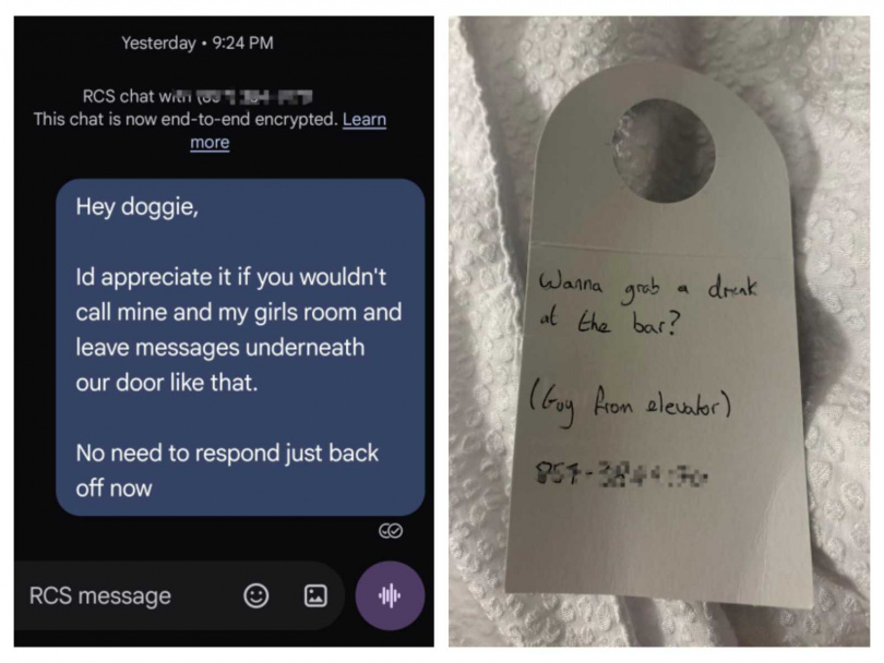 美國女子獨自入住紐約飯店,與陌生男子在電梯內短暫交談,回房後竟接連收到電話與邀約紙條。(圖/翻攝自Reddit)